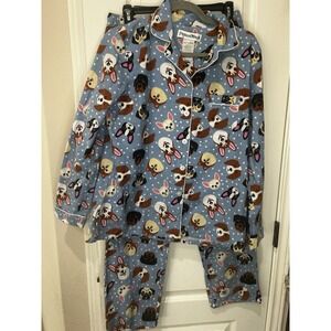 PAJAMA MANIA Womens Sz M Blue Dog Print 100% Cotton Pajama Set Cozy Sleep Pjs